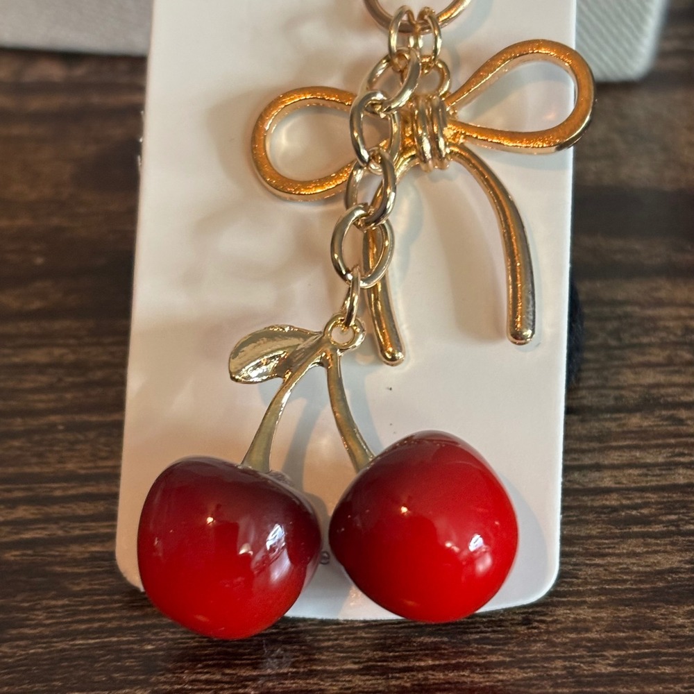 Cherry Bow Bag Charm Keychain Gold Tone Red Fruit Accessory